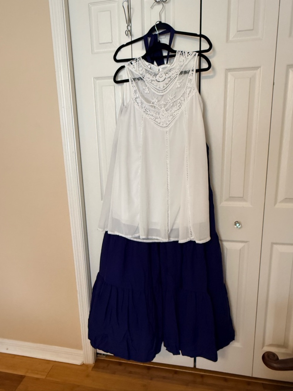 White Crochet Yoke Tank with Navy Halter Top Dress